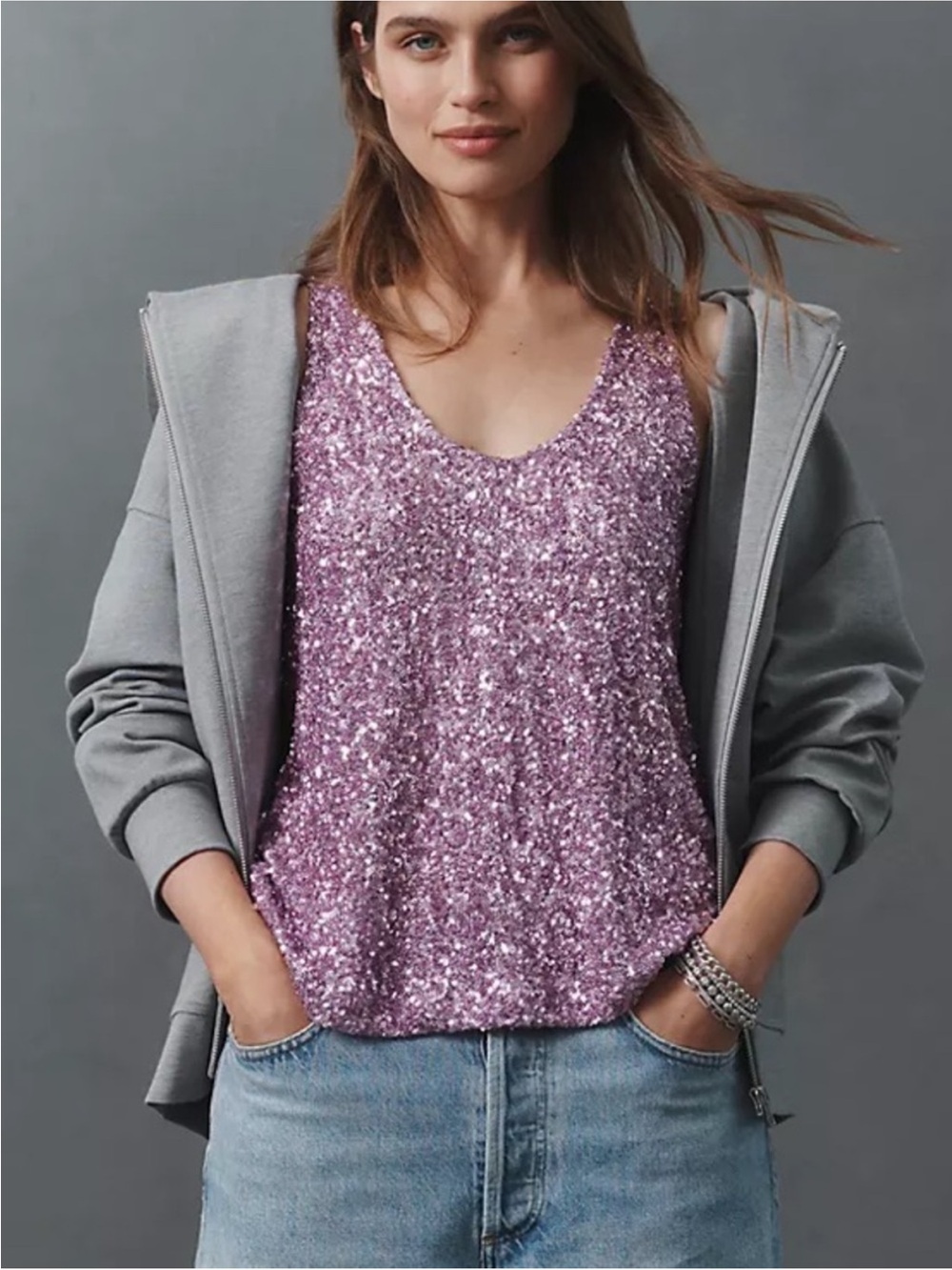 NWT By Anthropologie Slouchy Pink Sequin Scoop Tank! M& L